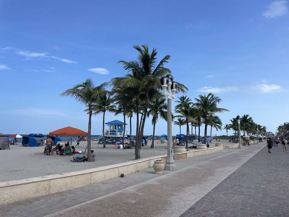 Hollywood Beach Broadwalk with palm trees, brick promenade and beach umbrellas