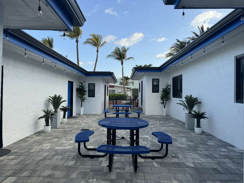 Sunny courtyard with blue picnic tables and palms
