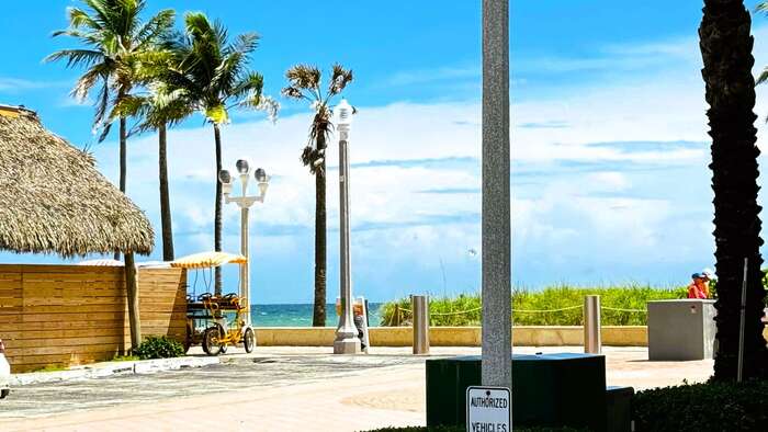 Tiki hut and palms on the Broadwalk