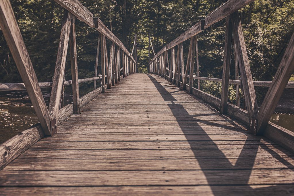 A wooden bridge with trees in the background