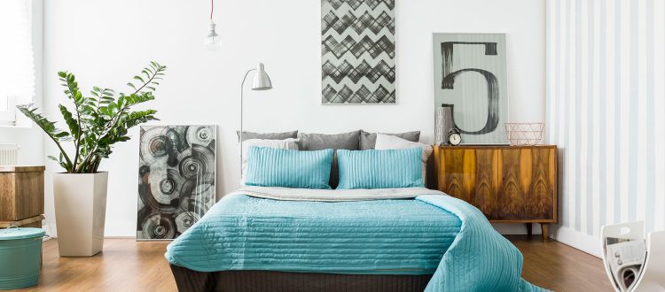 A bedroom with blue and brown bedding, wooden dresser and a rug.