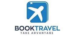 A blue and white logo of booktravel.