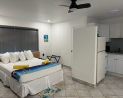 A bedroom with a bed, refrigerator and microwave.